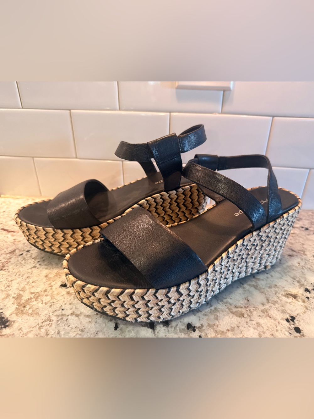 Antelope Black Leather Platform Espadrille Sandals